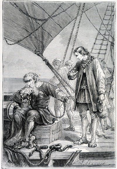 Kolumbus sidottu konnaksi (laivan kannella), sairas. Jules Vernen "" Discovery de la Terre" -toimittaja, toim. Hetzel, n.d. 19. tekijältä French School