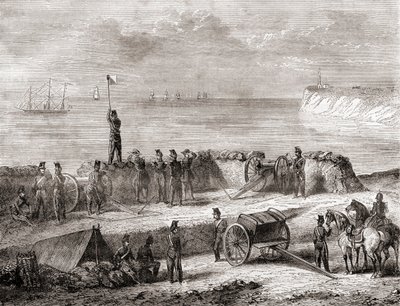 Satamaan saapuvan laivan ja maihinnousseiden joukkojen välinen yhteydenpito lippusemaforisähkötysjärjestelmän avulla, teoksesta Les Merveilles de la Science, julkaistu noin vuonna 1870 (kaiverrus). tekijältä French School