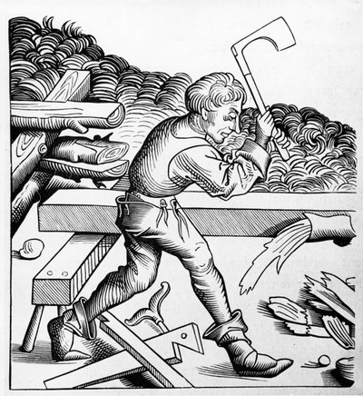 Velvollisuuden seuralainen tai suuren hakkuukirveen seuralainen, Carpenter, 1400-luvun loppu tekijältä French School