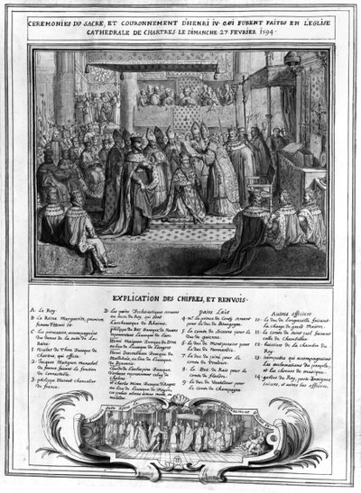 Henri IV:n (1553-1610) vihkiminen ja kruunaus Chartresin katedraalissa 27. tammikuuta 1594, 1500-luvun lopulla tekijältä French School