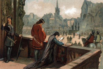 Constance miehensä Robert II Pieux, Ranskan kuningas (996-1031) vieressä, katselee Pariisin Place de Greve -aukiolla (tänään Place de l