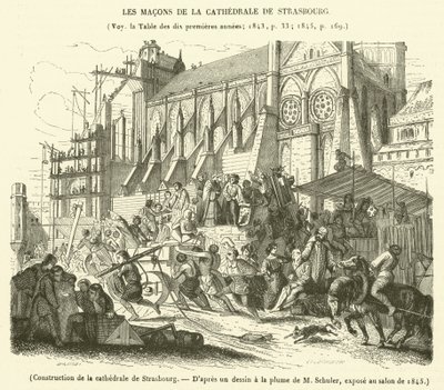 Strasbourgin katedraalin rakentaminen (kaiverrus) tekijältä French School
