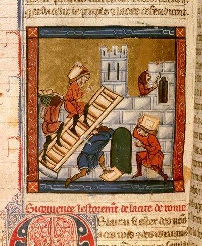 Rooman rakentaminen. Pienoiskuva käsikirjoituksesta "Histoire ancienne à la Cesar", noin 1260-1270, jonka on kirjoittanut Roger IV:n, Lillen Chatelainin (1208-1230) hovin palveluksessa oleva virkailija, kirjoittaja voisi olla johonkin Denainin Wauchierista tekijältä French School