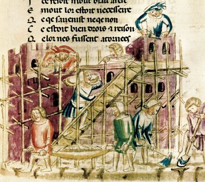 "Linnakkeen rakentaminen" Pienoiskuva 1300-luvun käsikirjoituksesta Paris, B.N. tekijältä French School