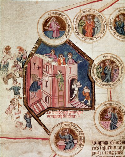 Baabelin tornin rakennustyömaa Babyloniassa Sivu on otettu ranskalaisen koulukunnan käsikirjoituksesta "Genealogy de la Bible". 1300-luvun Cremone, biblioteca governativa. tekijältä French School