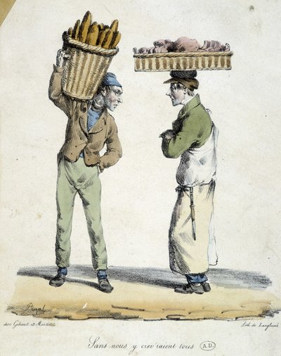 Leipurin ja herkkukaupan välinen keskustelu: ”Ilman meitä kuolisimme kaikki! "". Kaiverrus 1800-luvulta. tekijältä French School