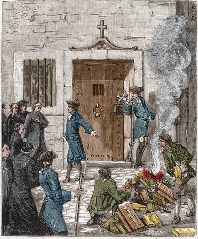 Societe des Jesuites -järjestön tuomio Pariisin parlamentin 6. elokuuta 1762 tekemän päätöksen johdosta. Tuomioistuin määräsi, että teloittaja polttaa yli 24 kirjaa ja jesuiittien valmistamaa kirjaa. Kaiverrus 1800-luvulta. tekijältä French School