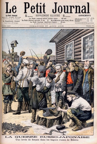 Siperian vankeja asetellaan taistelemaan Venäjän ja Japanin sotaan. Venäjän-Japanin sota. Forkattien nousu Siperian venäläisissä bagnesissa. Kuvitus Le petit Journaliin, 27. elokuuta 1905. tekijältä French School