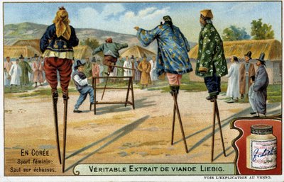 Coree: naislaji puujalakalla hyppäämiseen - chromo Liébig, v.1900 tekijältä French School