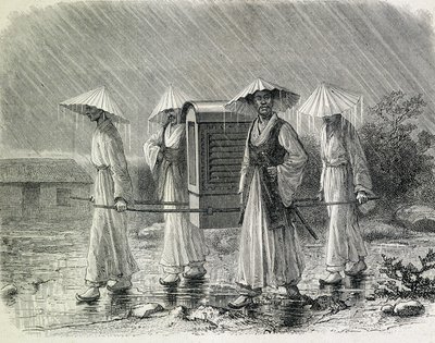Coreens pukeutuu palanquiniin (coreensin sadepuku), jossa on tuoli. Kuvitus on peräisin entisen laivastoupseerin H. Zuberin "Korearetki" (1866) - julkaisusta "Tour du Monde". tekijältä French School
