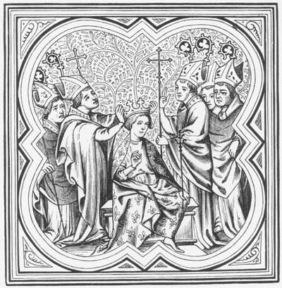 Kaarle Suuren kruunaus (742-814) St. Denisin Chronicles -kirjan pienoismallin jälkeen tekijältä French School