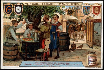 Yritykset keskiajalla (keskiajalla): mylly, leipuri ja cooperman tyhjentämässä iltamukia panimon talossa. 1800-luvun lopun liebig-kromolitografia. tekijältä French School