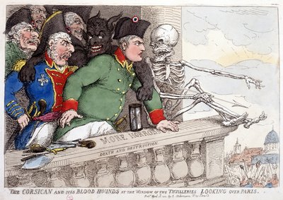 Korsika ja sen verenhimoinen katse Pariisiin Tuileriesin ikkunasta - teoksessa "Napoleon I", karikatyyrejä, nukkekokoelma, n. 1814-1815. tekijältä French School