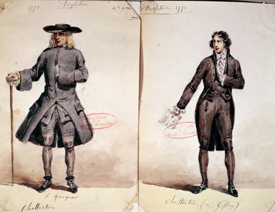 Pukusuunnittelu Alfred de Vignyn (1791-1863) Chattertonin ensimmäiseen tuotantoon: Quaker ja Geffroy Chattertonina, 1835 (wc paperilla) tekijältä French School