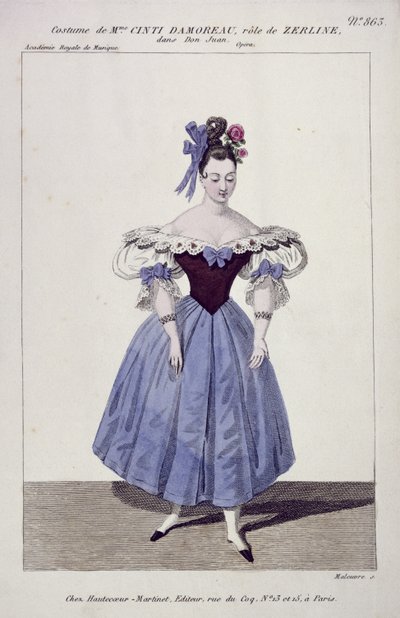 Puku Madame Cinti Damoreaulle Zerlinan roolissa Don Giovannissa, kaiverrus Maleuvre, painatus Hautecoeur-Martinet tekijältä French School