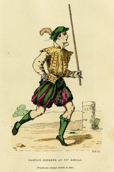 Lajijuoksijan puku 1400-luvulla, juoksemisesta vaunujen edessä vapauttamaan tietä ja ilmoittamaan aatelisen tai herran matkasta. Värikaiverrus, teoksessa "France et les francais a travers les centuries", kirjoittanut Augustin Challamel, F. Roy toim. tekijältä French School