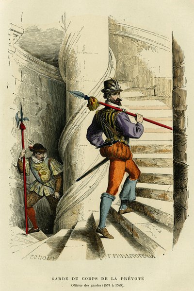 Ennakkoäänestyksen henkivartijan puku, jota seuraa vartijan upseeri (1574–1589). Värikaiverrus, teoksessa "France et les francais a travers les siecles" Augustin Challamel, F.Royn toimittaja, Paris 1882. Selva Collection. tekijältä French School
