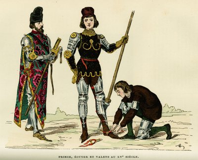Prinssin, hänen ecunsa ja palvelijansa puvut 1400-luvulla. Värikaiverrus, teoksessa "France et les francais a travers les centuries" Augustin Challamel, F.Royn toimittaja, Paris 1882. Selva Collection. tekijältä French School