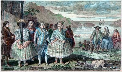 La Conceptionin (Chile) asukkaiden puvut - Atlas du Voyage de La Perouse (Laperouse) ympäri maailmaa vuosina 1785-1788, Pariisi 1797. tekijältä French School