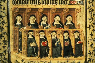 Cott Dom A XVII f.74v Nunnat kuorokopissa, Henrik VI:n psalteri, Pariisi tekijältä French School