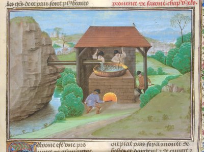 Puuvilla Augustus V, f.363 Suolavaja pannulla ja uunilla, kuvitus teoksesta "Le Tresor des Histoires..." (vellum) tekijältä French School