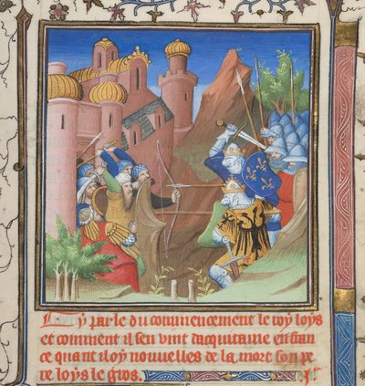 Cotton Nero E II pt.1, f.222, Ludvig VII:n ja hänen isänsä taistelu, Grandes Chroniques de Francesta tekijältä French School
