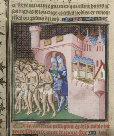 Cotton Nero E. II pt.2, f.20v Albigensialaisten karkottaminen Carcassonesta vuonna 1209, Grandes Chroniques de Francesta, n. 1415 (muste, väri ja kulta paperille) tekijältä French School