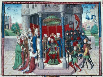 Kreivi Jean de Brienne, miniatyyri teoksesta "Les chroniques de Jherusalem abregies", noin 1450 (tempera pergamentilla). tekijältä French School
