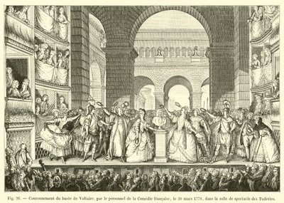 Comedie francaisen henkilökunnan toimesta Voltairen rintakuvan kruunaus 30. maaliskuuta 1778 Tuileries