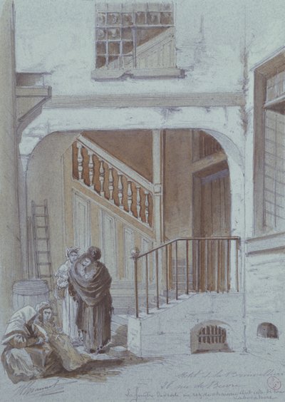 Marquise de Brinvilliersin piha ja laboratorio, 28 rue de Bievre, Paris (liitu ja guassi paperilla) tekijältä French School