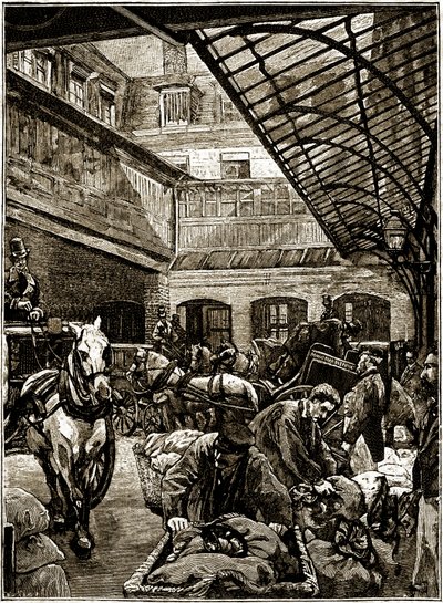 Postisäkkien uudelleenlastauspiha Hotel des Postesissa Pariisissa 1800-luvun puolivälissä. tekijältä French School