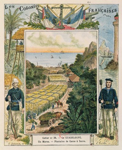 Kansi koulun harjoituskirjalle, joka kuvaa sokeriruokoviljelmää Guadeloupessa, 1892 tekijältä French School