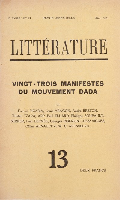 Cover of Literature kuukausittainen kirjallisuuslehti, joka on omistettu Dada-liikkeelle, toukokuu 1920 tekijältä French School