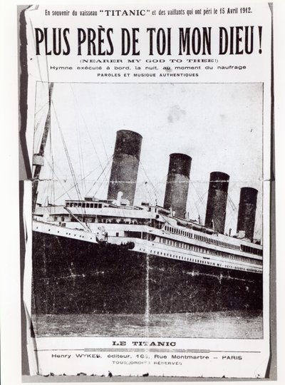 Kansikappale Titanicin matkustajien laulamalle Hymnille Nearer My God to You, 1912 sen haaksirikon ja uppoamisen aikana tekijältä French School