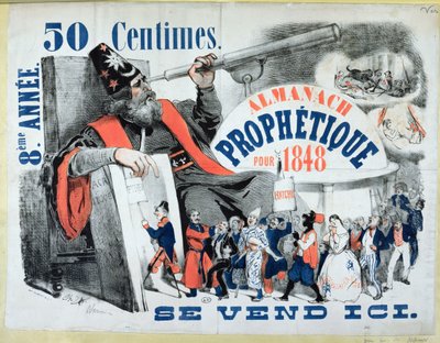 Profeetallisen almanakan kansi, joka kuvaa Nostradamust (1503-66) 1848 tekijältä French School