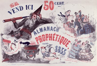 Nostradamusta kuvaavan profeetallisen almanakan kansi, 1855 tekijältä French School