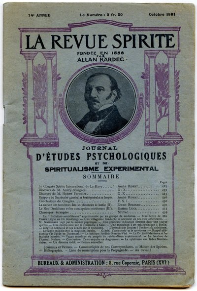Kansi numerosta "" La revue spirite ", muotokuva perustaja Allan Kardec, aikakauslehti lokakuussa 1931 tekijältä French School