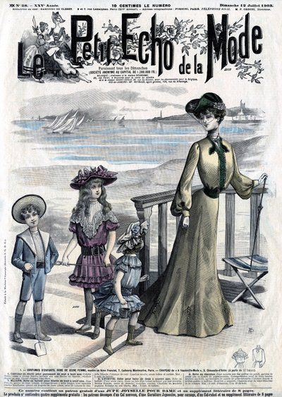 Naispuolisen lehden (viikkosanomalehti) kansikuva Le Petit Echo de la Mode, nro 28, 12. heinäkuuta tekijältä French School