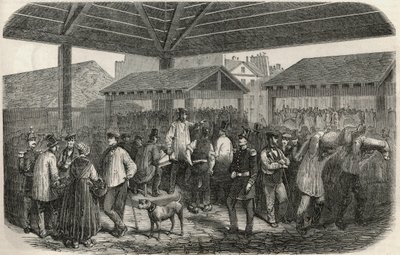 Valmistaa teurastamon lihaa rue des Prouvairesin torilla Pariisin 1. kaupunginosassa – Edmond Texierin 1852 kaiverrus Tableau-de-Parisissa tekijältä French School