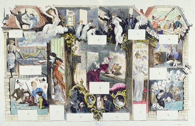 Poikkileikkaus pariisilaisesta talosta, kuvitus La Vie Parisiennesta, n. 1875 (värikaiverrus) tekijältä French School