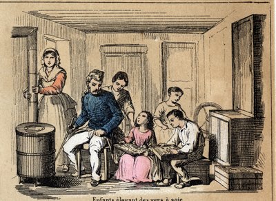 Kulttuurikuvaus ja silkkituotteet: lapset kasvattavat silkkiäistoukkia. Levy "" la soie"" in "" les Recreations instructives"" Jules DELBRUCKin synoptinen maalaus, kaiverrus vuodelta 1860. Yksityinen kokoelma. tekijältä French School