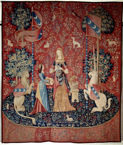 Lady to the Unicorn (Lady to the Unicorn) verho: hajuverho. Nuori nainen, jolla on neilikkakruunu, jota ympäröivät leijona, yksisarvinen, apina, kanit. Villa- ja silkkikudos valmistettu vuosina 1484-1500. Chateau de Boussacista, Cr tekijältä French School