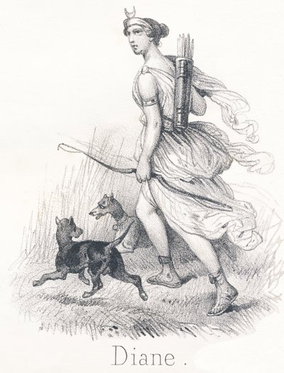 D Diana: Apollon kaksoissisar Taivaassa hän oli Phebe tai Kuu, jonka tehtävänä oli valaista maata Helvetissä, hän oli Hekate ja hallitsi sielujen tuomioita Maan päällä hän oli Diana, metsästyksen jumalatar. tekijältä French School