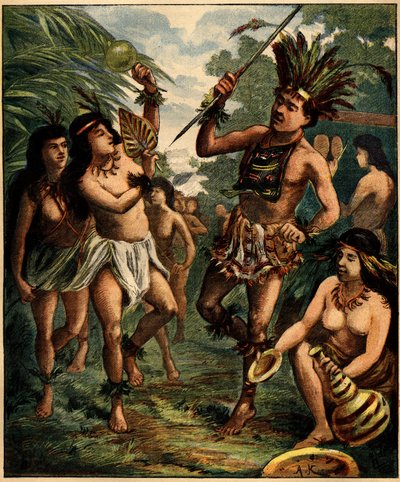 Roucouyan-intiaanien tanssi Karibialla. Kaiverrus "" La Terre Illustree" -julkaisussa nro 77, 21. huhtikuuta 1892. tekijältä French School