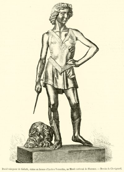 David valloittaa Goljatin, Andrea Verocchion pronssinen patsas Firenzen kansallismuseossa (kaiverrus) tekijältä French School