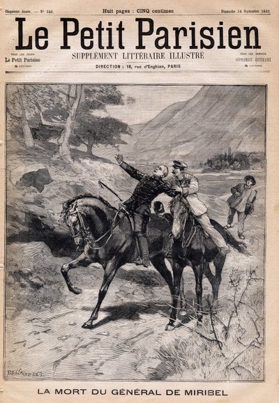 Kenraali Marie Joseph Francois de Miribelin (1831-1893) kuoli apopleksiakriisiin palattuaan tarkastuksesta Alpeilta. Yksi sanomalehdistä "Le Petit Parisien" 24.9.1893. tekijältä French School