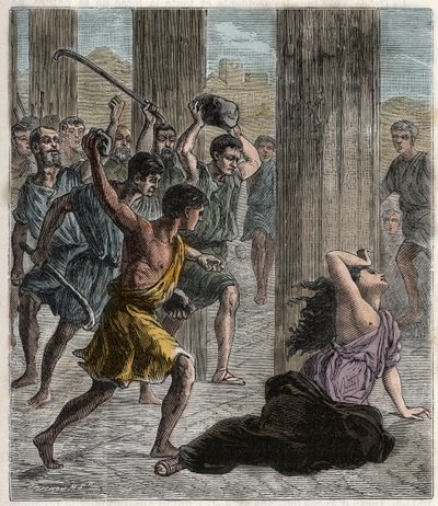 Hypatian kuolema - Hypatian (c370-415) naismatemaatikon ja filosofin (uusplatonistin), jonka Aleksandrian patriarkan Kyrilin seuraajat murhasivat - Hypatian (Hypatian) kuolema - Kaiverrus "" Kaikkien ulottuville tulleet tieteet - fysiikka ja kemia" b tekijältä French School