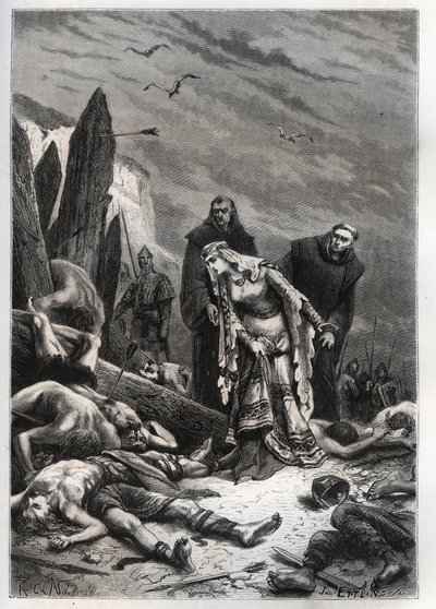 Kuningas Harold II:n (1022-1066) kuolema Hastingsin taistelussa vuonna 1066 - Edith Swannesha (Swanneck), joka tunnetaan nimellä Edith la Juste (1025-1086), löytää aviomiehensä Ealdgythin (Edith the Fair tai Edith Swanneschal) ruumiin , löytää Harold Godwi tekijältä French School