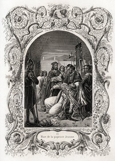 Paavi Jeannen kuolema (paavin virka-aika 855-858). Kaiverrus kuvittaa Maurice Lachatre (1814-1900) Histoire des papeja, librairie du progres, Pariisi. tekijältä French School