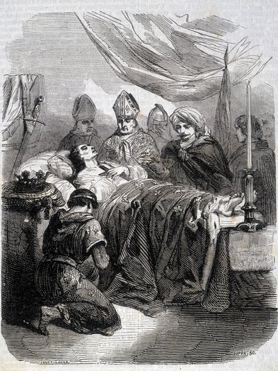 Saint Louisin kuolema Palestiinassa vuonna 1270 - "" Histoire de France" -kirjassa L.-P. Anquetil tekijältä French School